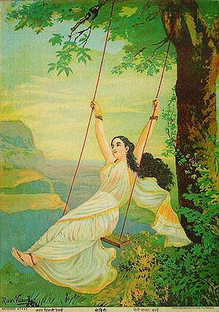 Raja Ravi Verma Lithograph: Mohini on Swing